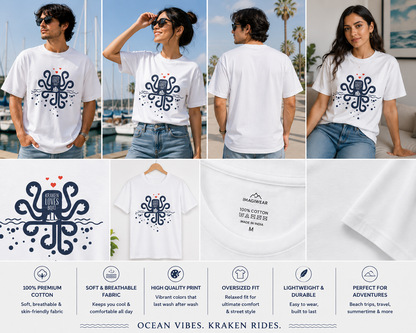 Kraken Loves Boat Oversized T-Shirt | Nautical Octopus Graphic Unisex Tee