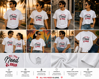 All You Need Is Love Oversized T-Shirt | Romantic Typography Graphic Unisex Tee