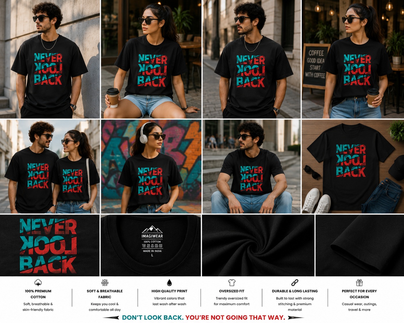 Never Look Back Oversized T-Shirt | Motivational Typography Graphic Unisex Tee