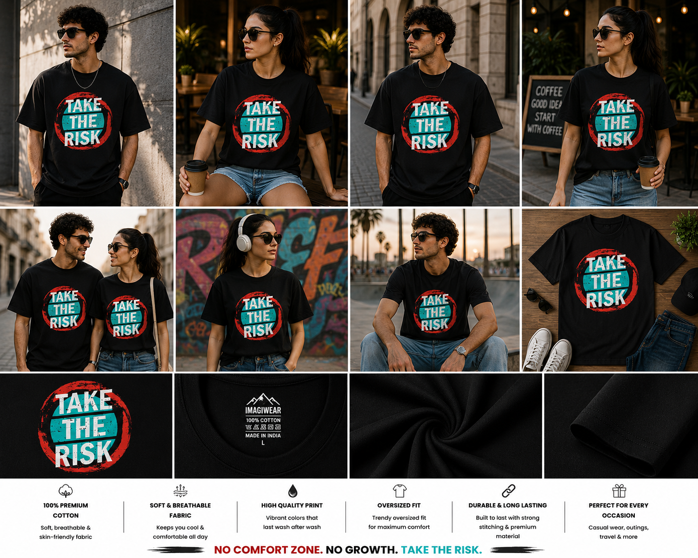 Take The Risk Oversized T-Shirt | Motivational Typography Graphic Unisex Tee