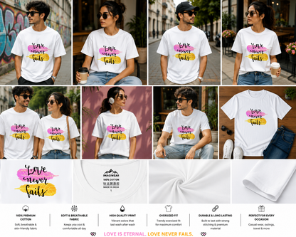 Love Never Fails Oversized T-Shirt | Inspirational Feather Graphic Unisex Tee