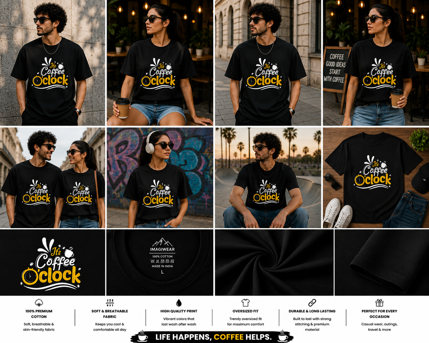It's Coffee O'Clock Oversized T-Shirt | Coffee Lover Graphic Unisex Tee