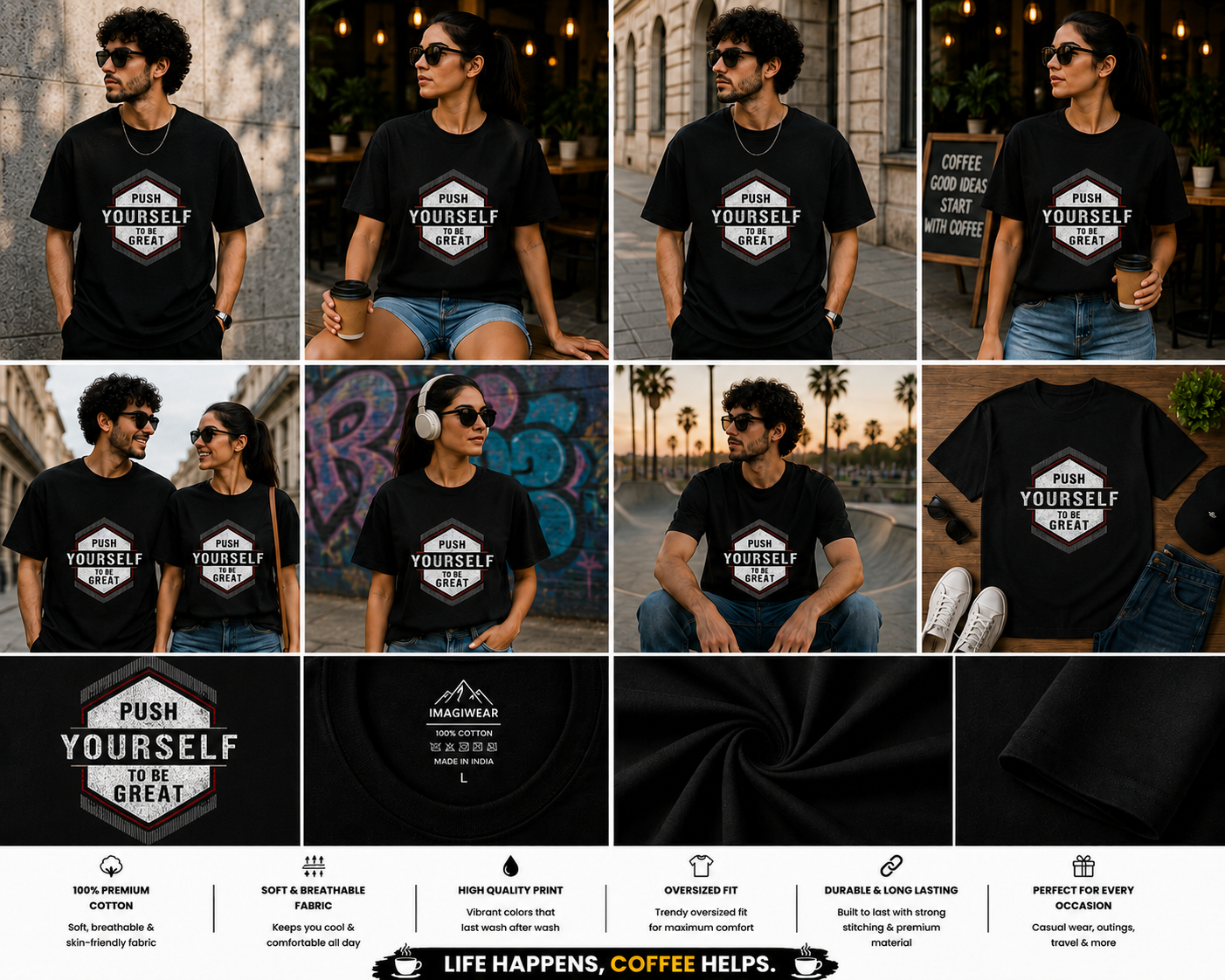 Push Yourself To Be Great Oversized T-Shirt | Motivational Graphic Print Unisex Streetwear Tee