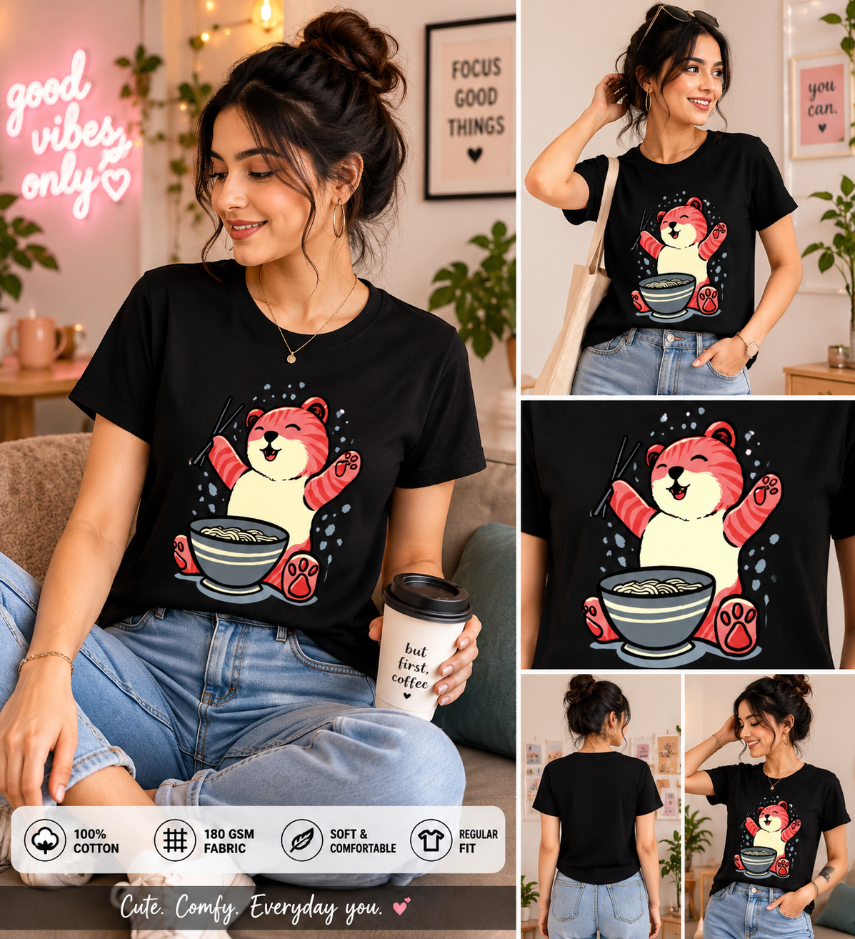 Cute Ramen Bear Women’s Graphic T-Shirt – Kawaii Food Lover Tee