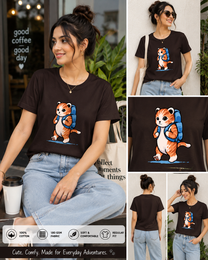 Adventure Cat Women’s Graphic T-Shirt – Cute Backpack Cat Tee