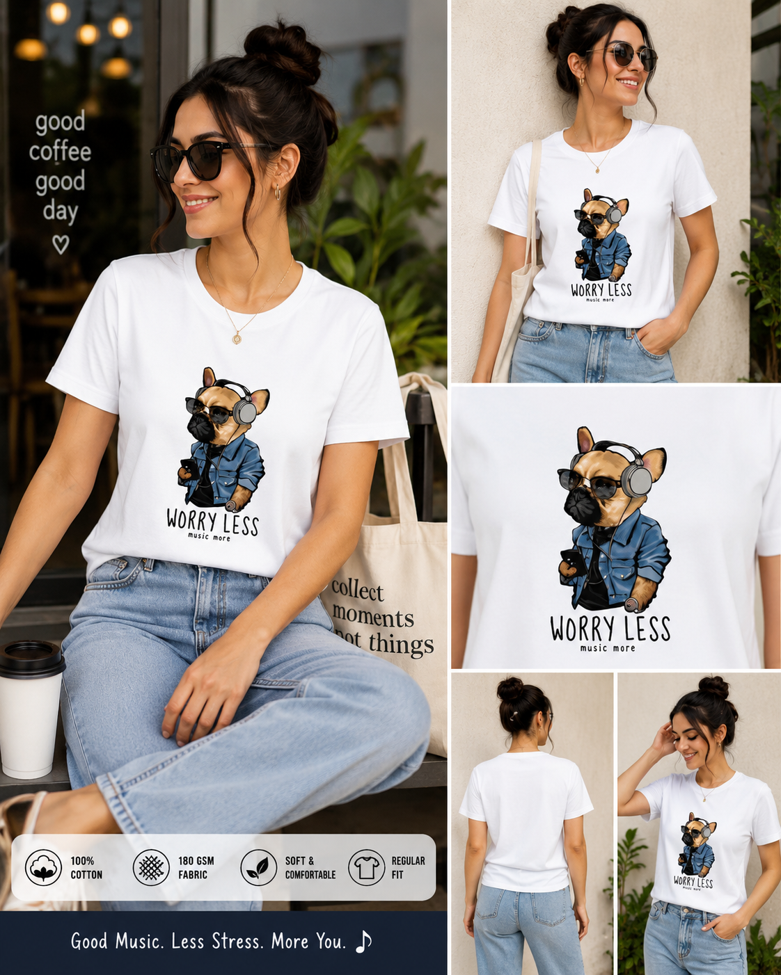 Worry Less Music More Women’s Graphic T-Shirt – Cool Dog Headphones Tee