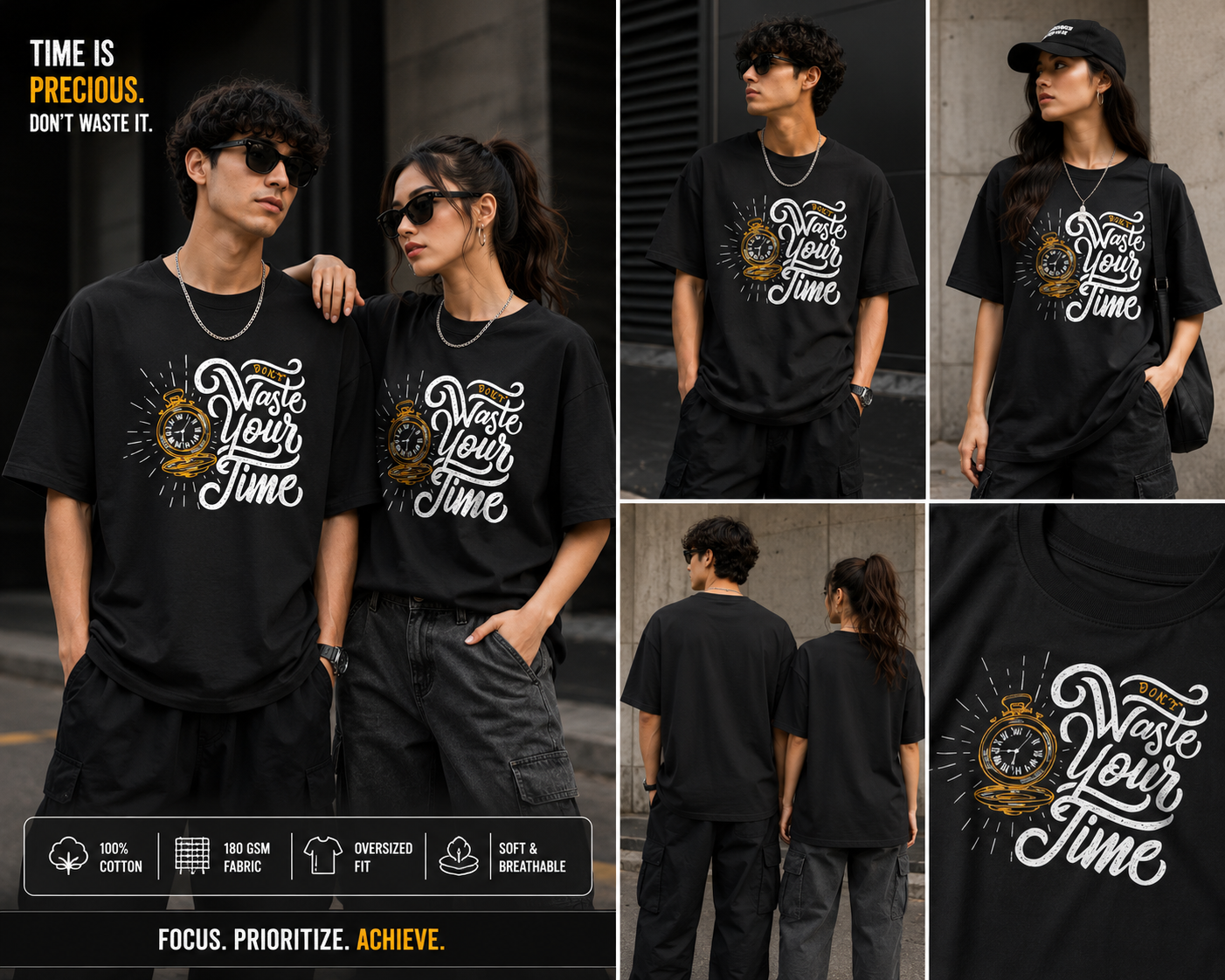 Don’t Waste Your Time Oversized Unisex T-Shirt – Motivational Streetwear Graphic Tee