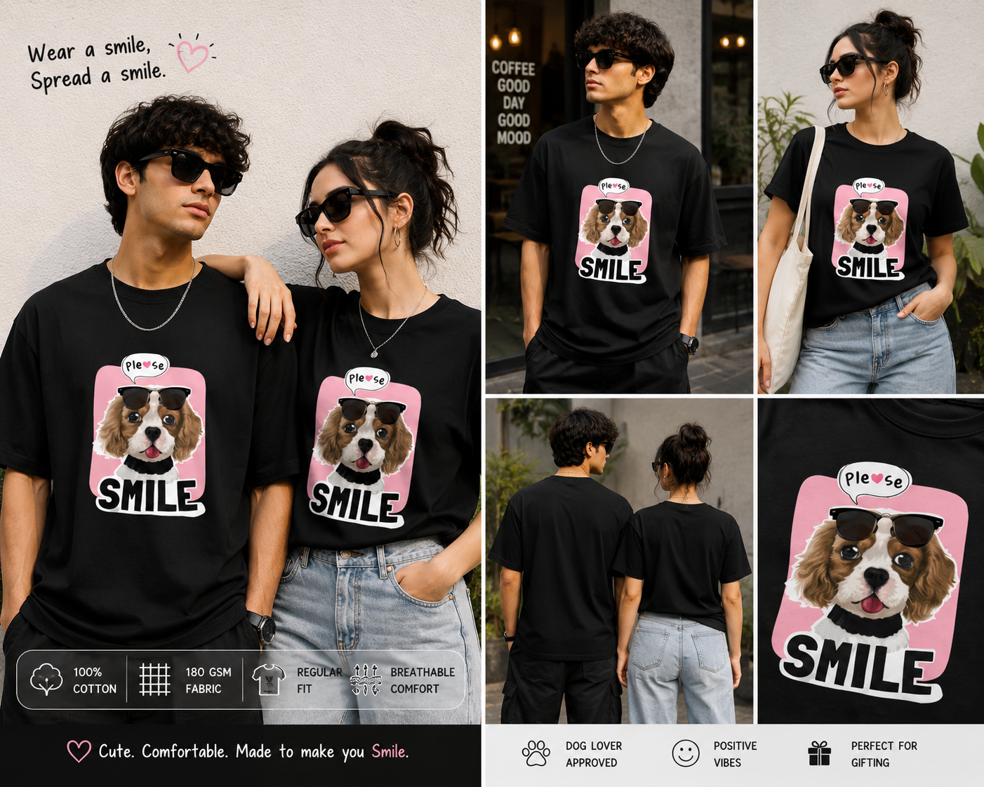 Please Smile Women’s Graphic T-Shirt – Cute Puppy Sunglasses Tee