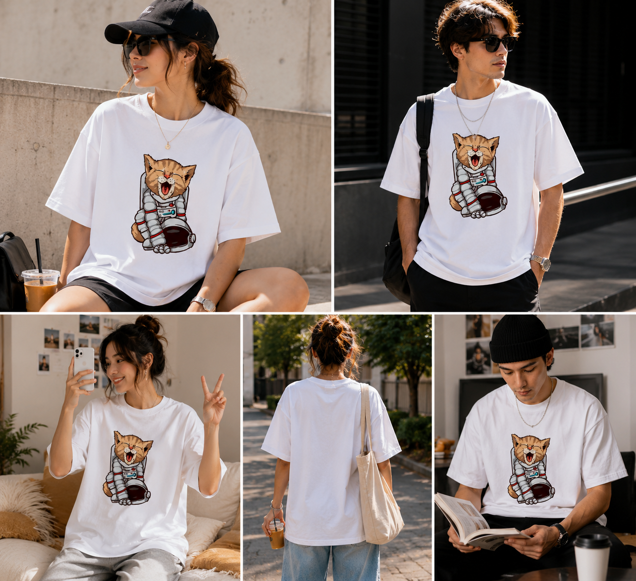 Space Cat Astronaut Oversized T-Shirt – Cute Kitty Graphic Unisex Tee