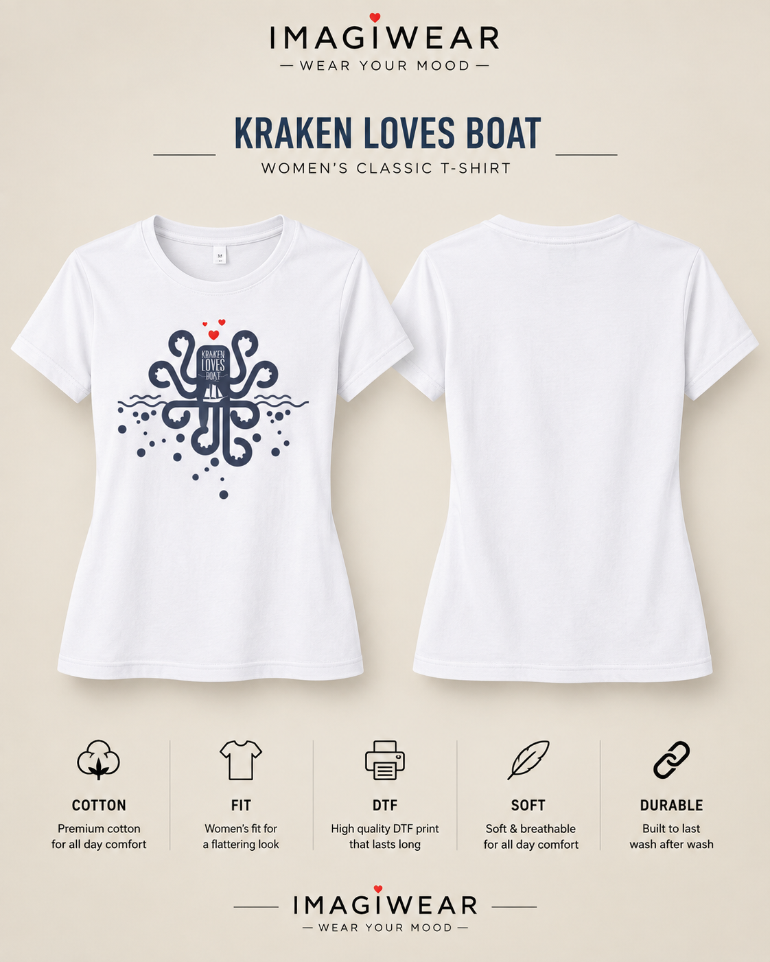 Kraken Loves Boat | Women’s Regular Fit Nautical Graphic T-Shirt