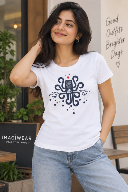 Kraken Loves Boat | Women’s Regular Fit Nautical Graphic T-Shirt