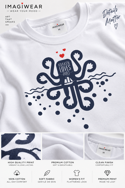 Kraken Loves Boat | Women’s Regular Fit Nautical Graphic T-Shirt