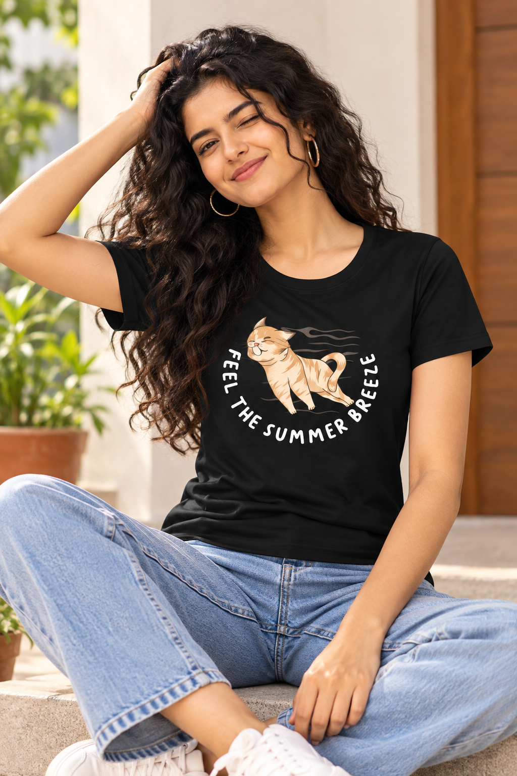 Feel the Summer Breeze Cat Graphic T-Shirt | Women’s Regular Fit Tee
