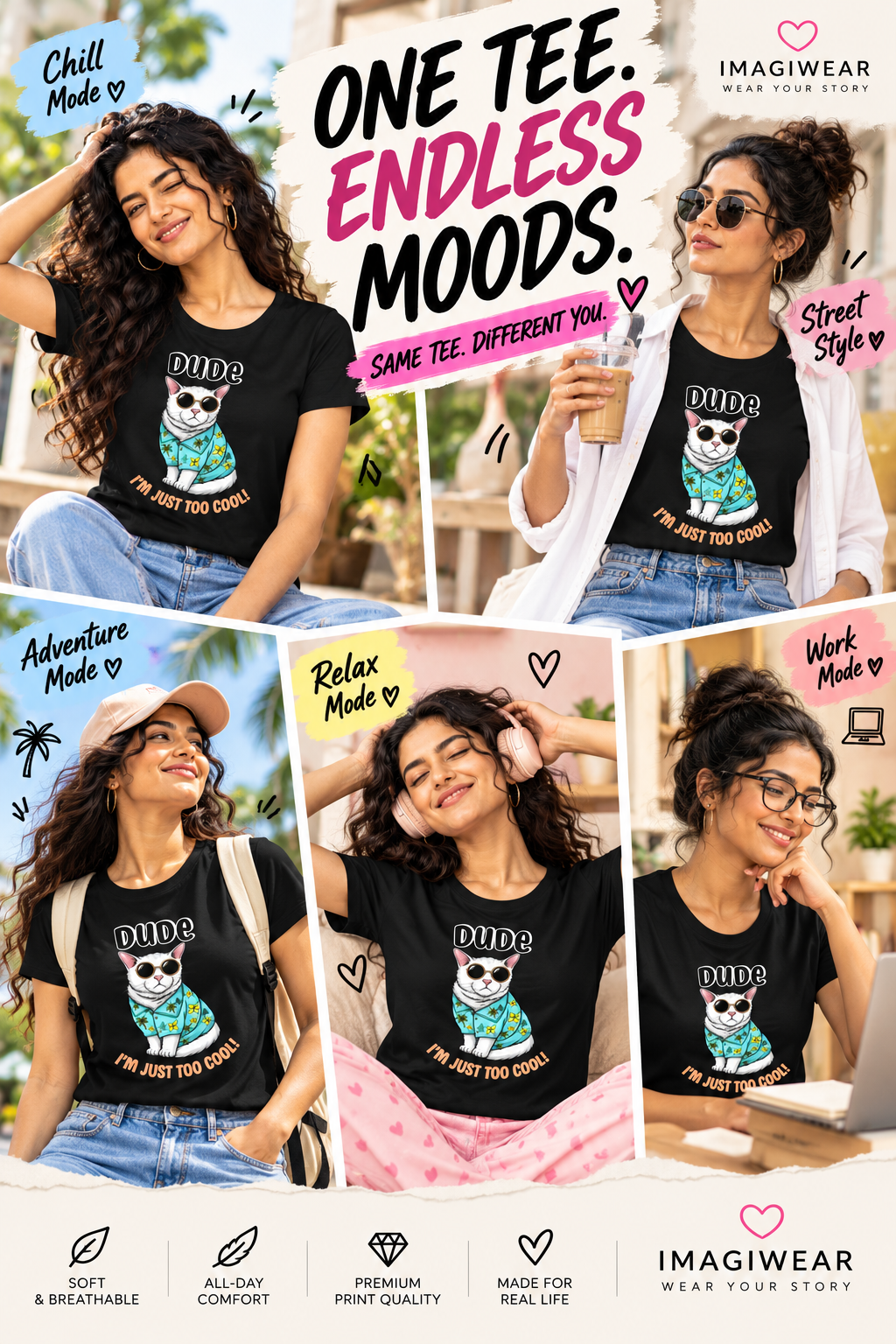 Dude I’m Just Too Cool Cat Graphic T-Shirt | Women’s Regular Fit Tee