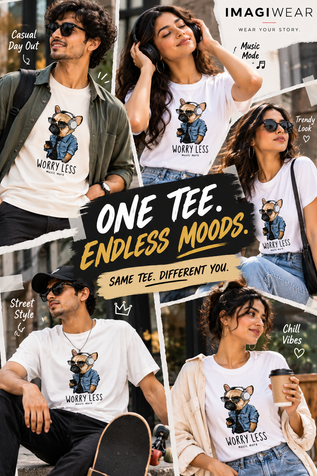 Worry Less Music More Women’s Graphic T-Shirt – Cool Dog Headphones Tee
