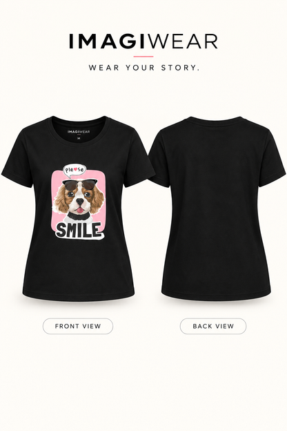 Please Smile Women’s Graphic T-Shirt – Cute Puppy Sunglasses Tee