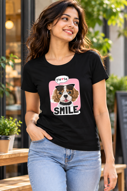 Please Smile Women’s Graphic T-Shirt – Cute Puppy Sunglasses Tee