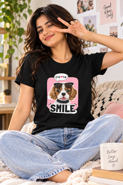 Please Smile Women’s Graphic T-Shirt – Cute Puppy Sunglasses Tee