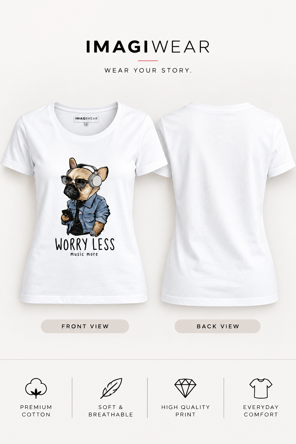 Worry Less Music More Women’s Graphic T-Shirt – Cool Dog Headphones Tee