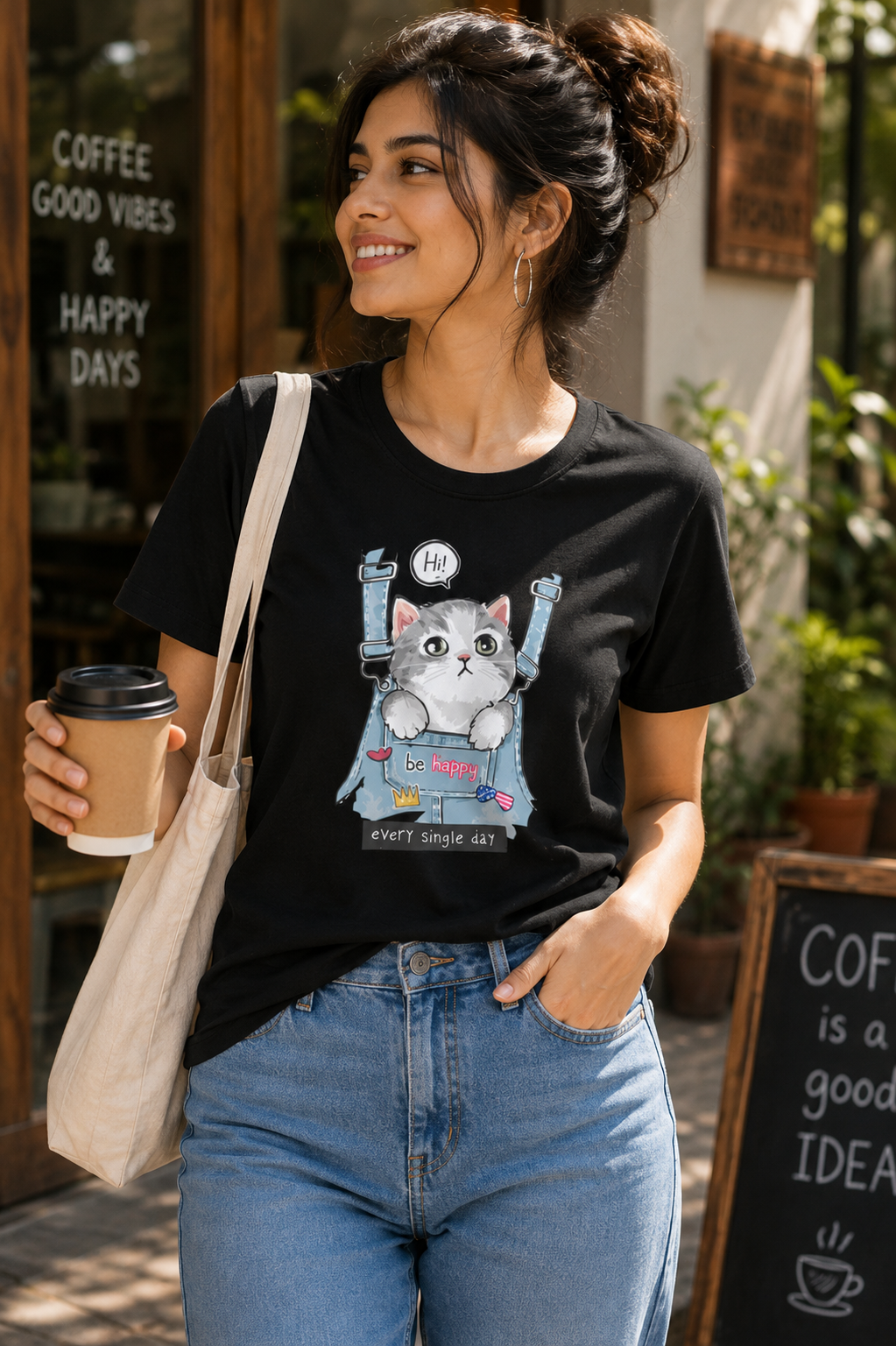 Happy Cat Graphic T-Shirt | Women's Regular Fit Tee