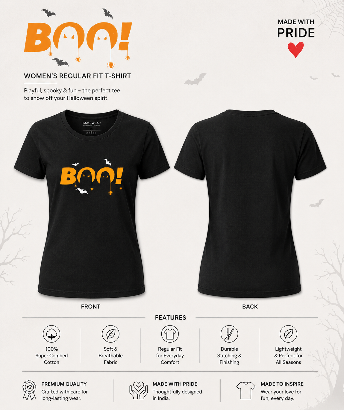 Boo! Halloween Graphic T-Shirt for Women | Regular Fit Spooky Tee