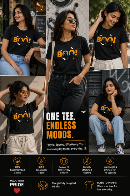 Boo! Halloween Graphic T-Shirt for Women | Regular Fit Spooky Tee