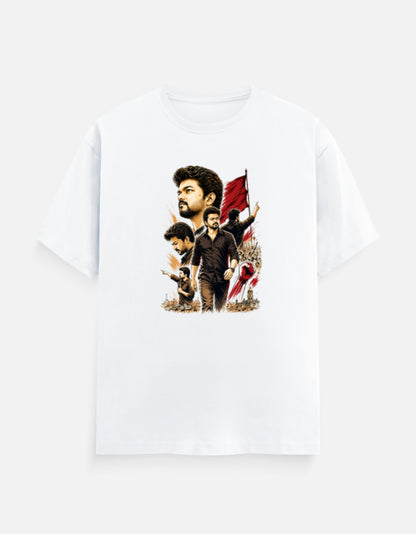White regular fit crew neck t-shirt featuring a bold Vijay-inspired graphic artwork with premium DFT printing.