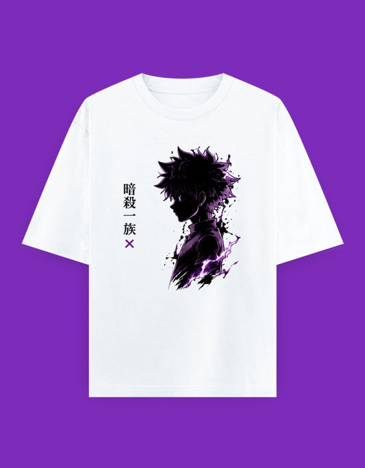 Hunter × Hunter oversized T-shirt featuring Killua Zoldyck in a silhouette with purple lightning and the Japanese text "Assassin Family"