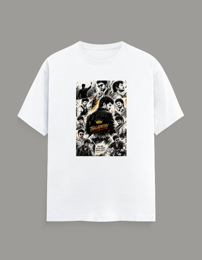 White regular fit crew neck t-shirt featuring a collage-style graphic inspired by Thalapathy, printed using premium DTG technology.