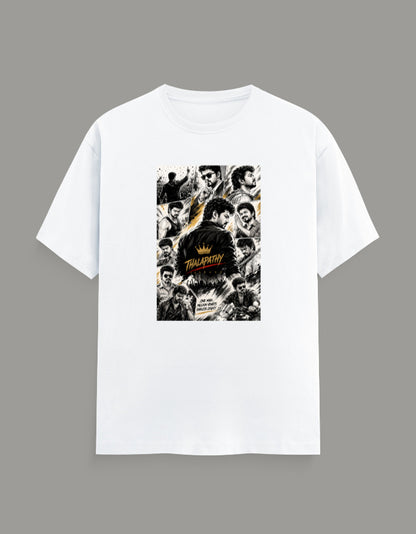 White regular fit crew neck t-shirt featuring a collage-style graphic inspired by Thalapathy, printed using premium DTG technology.