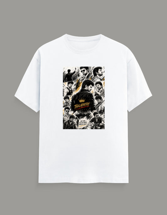 White regular fit crew neck t-shirt featuring a collage-style graphic inspired by Thalapathy, printed using premium DTG technology.