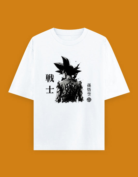 Dragon Ball Z oversized T-shirt featuring Son Goku from the back with the Kame symbol, Japanese Warrior text, and monochrome manga-style artwork