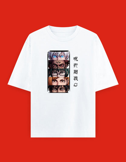 White oversized t-shirt featuring an anime-inspired collage of expressive character eyes with Japanese typography printed on the front.
