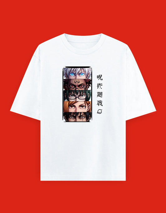 White oversized t-shirt featuring an anime-inspired collage of expressive character eyes with Japanese typography printed on the front.