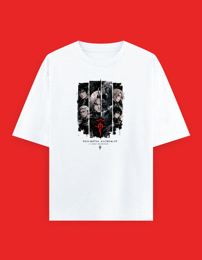 Fullmetal Alchemist Brotherhood oversized T-shirt featuring Edward Elric, Alphonse Elric, Roy Mustang, Winry Rockbell, Scar, and the Flamel Symbol in a monochrome anime collage