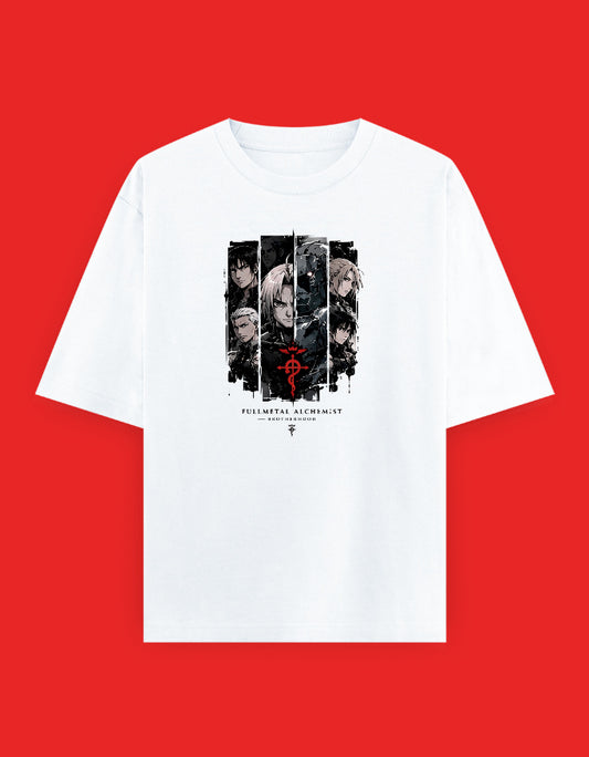 Fullmetal Alchemist Brotherhood oversized T-shirt featuring Edward Elric, Alphonse Elric, Roy Mustang, Winry Rockbell, Scar, and the Flamel Symbol in a monochrome anime collage