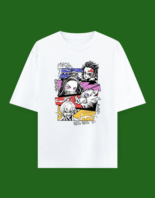 Demon Slayer Manga Panel Oversized T-Shirt featuring Tanjiro Kamado, Nezuko Kamado, Zenitsu Agatsuma and Inosuke Hashibira anime graphic print