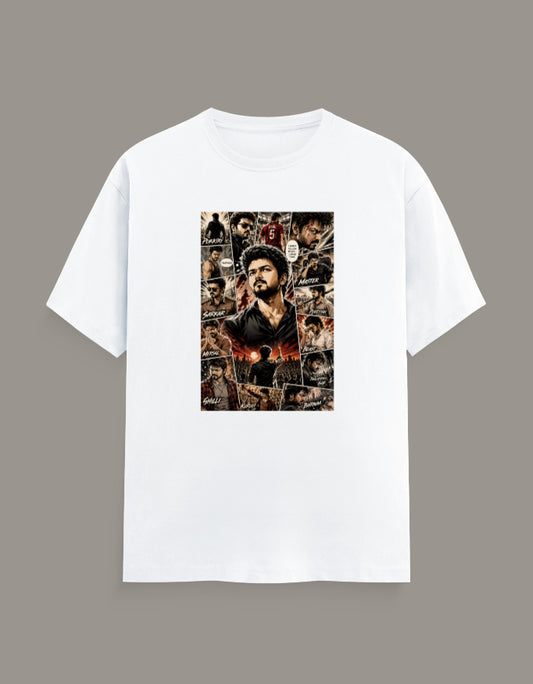 White regular fit crew neck t-shirt featuring a movie-inspired collage graphic of Thalapathy with premium DFT printing.