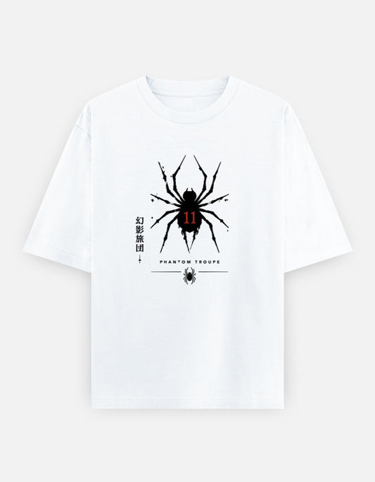 Hunter × Hunter oversized T-shirt featuring the Phantom Troupe spider emblem with No. 11 and Japanese Genei Ryodan text in a minimalist anime design