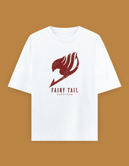 White oversized t-shirt featuring a distressed red Fairy Tail-inspired guild emblem with Japanese typography printed on the front.