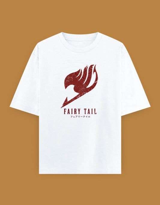 White oversized t-shirt featuring a distressed red Fairy Tail-inspired guild emblem with Japanese typography printed on the front.