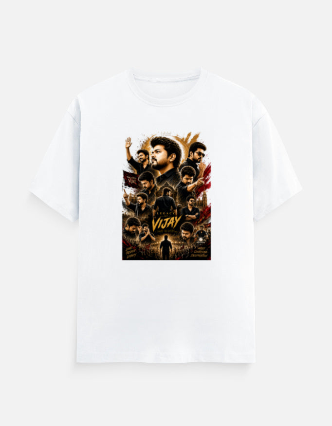 White regular fit crew neck t-shirt featuring a cinematic Vijay legacy collage graphic printed using premium DFT technology.