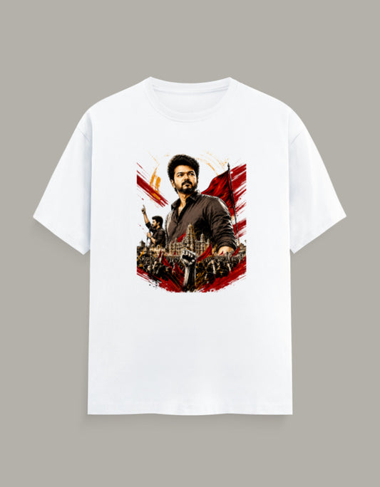 White regular fit crew neck t-shirt featuring a bold Vijay-inspired graphic with premium DFT printing.