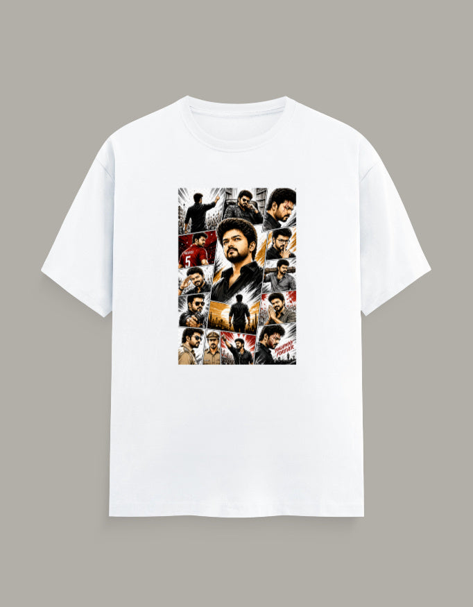White regular fit crew neck t-shirt featuring a cinematic collage graphic inspired by Thalapathy with premium DFT printing.