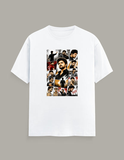 White regular fit crew neck t-shirt featuring a cinematic collage graphic inspired by Thalapathy with premium DFT printing.