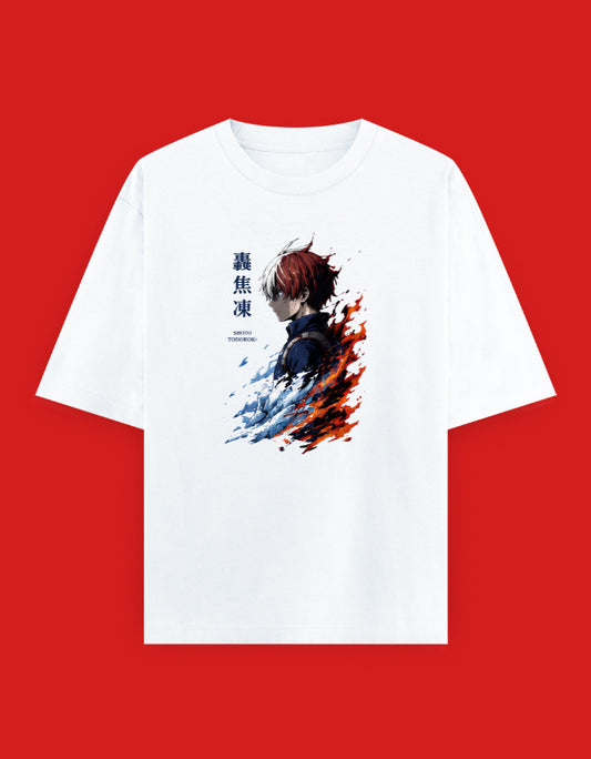 White oversized t-shirt featuring an anime-inspired character with blue ice and red flame effects, Japanese typography, and premium streetwear styling.