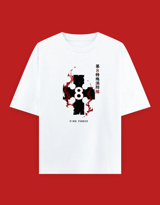 Fire Force oversized T-shirt featuring the Special Fire Force Company 8 emblem with blazing flames and Japanese Company 8 typography