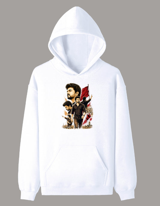 White premium unisex hoodie featuring a Vijay-inspired graphic artwork with vibrant DFT printing.