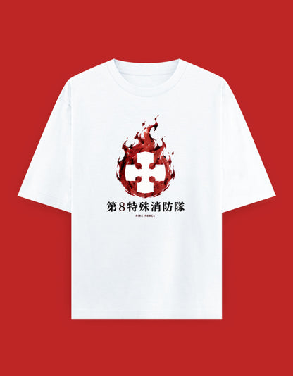 Fire Force oversized T-shirt featuring the Special Fire Force Company 8 emblem surrounded by red flames with Japanese Company 8 text