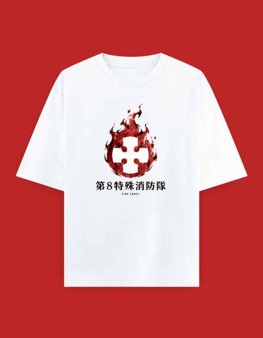 Fire Force oversized T-shirt featuring the Special Fire Force Company 8 emblem surrounded by red flames with Japanese Company 8 text